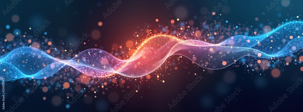 Poster Abstract digital wave pattern with colorful particles, glowing light effects. Dynamic glowing lines, dots create vibrant design. Modern, techy illustration. Suitable for wallpaper tech background.