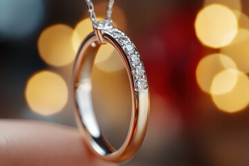 A stunning wedding band beautifully presented with sparkling stones, held delicately, showcasing love, unity, and a promise of forever adorned with elegance.