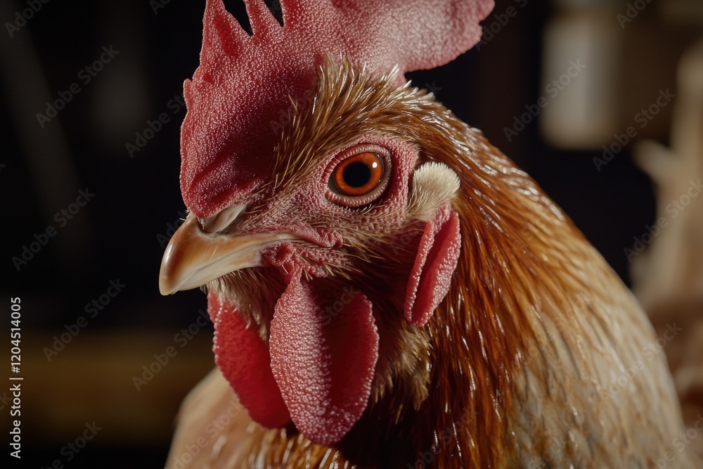 Poster close-up view of a rooster's head on a dark background