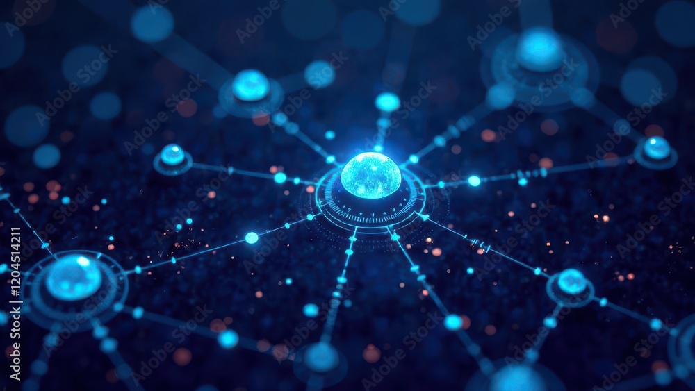 Poster glowing blue nodes are interconnected by bright lines in a dark environment, symbolizing advanced di