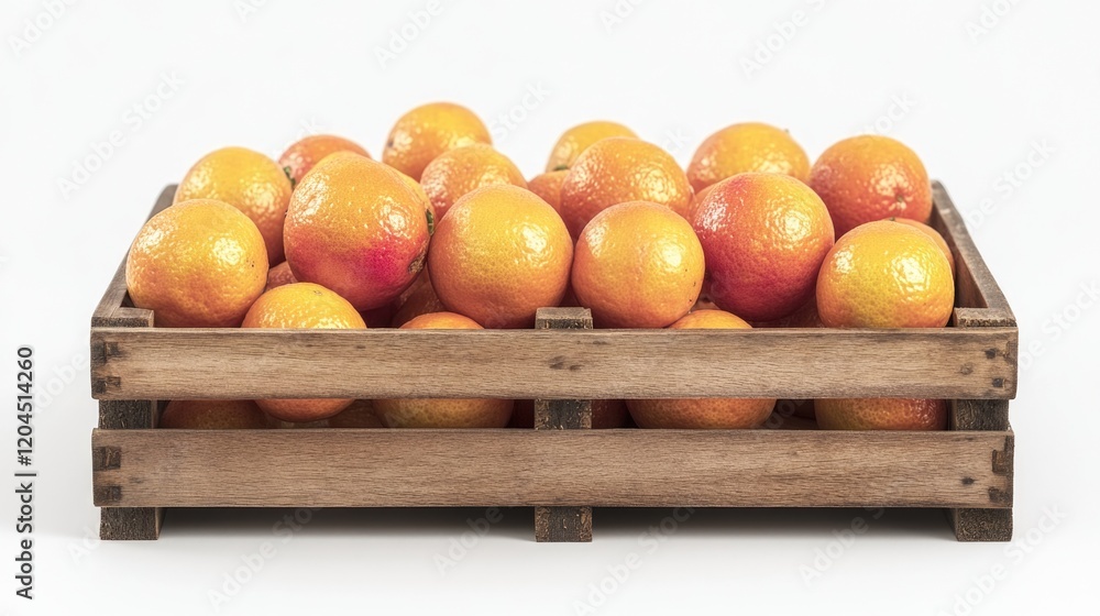 Poster Fresh oranges packed in a wooden crate on a clean white surface, ready for use or display