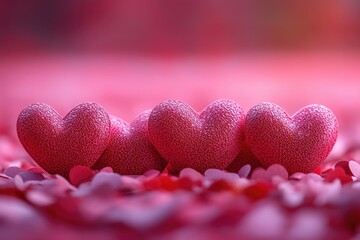 A group of three hearts sit atop a colorful bed of flowers, symbolizing love and affection