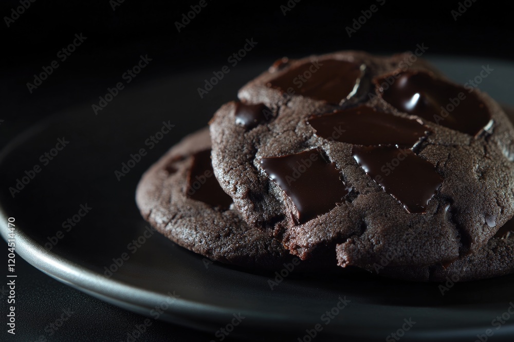 Poster a single chocolate cookie on a plate sitting on a table