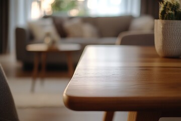 A small potted plant sits atop a wooden table