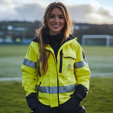 A woman wearing a yellow high vis jacket, black trousers and black workwear boots. The jacket is done up. She has a black scarf covering the bottom half of her face. She smiles with her blue eyes.
