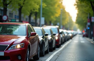 City street congested with parked cars. Traffic jam visible on roadside. Cars parked in a line along the street side. Urban traffic problem. Metropolitan area. Congested road. Many vehicles.