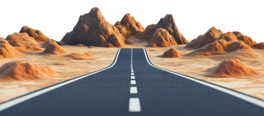 Desert Landscape with Asphalt Road and Mountains in Warm Summer Environment isolated