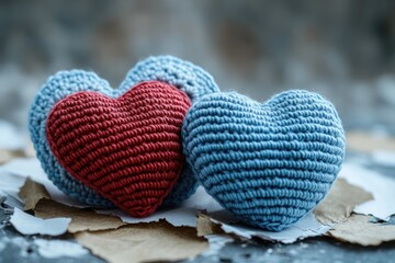 Obraz premium A pair of handmade crocheted hearts sit atop a pile of autumn leaves, perfect for a whimsical or romantic scene