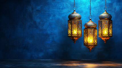 Festive lanterns illuminate a dark blue wall, perfect for Ramadan or Eid celebrations