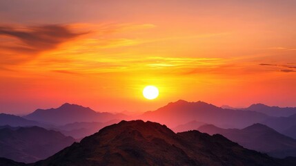 Sunrise over mountain range, hazy sky, peaceful landscape, ideal for travel brochures
