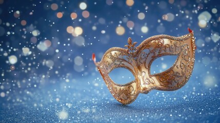A decorative golden masquerade mask on a solid blue background