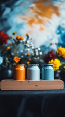 Vibrant Paint Jars on Wooden Tray Artistic Still Life