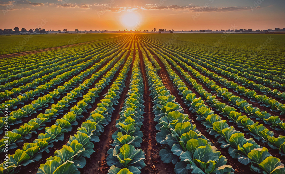 Poster field of green lettuce plants with the sun setting in the background. the sun is setting behind the 