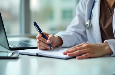 Female doctor takes notes in notebook using laptop. Wears white coat, writes with pen. Medical journal entries carefully recorded by healthcare pro. Woman sits at desk in medical office. Professional