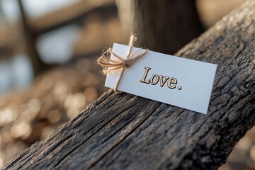 A charming white love tag tied with twine is resting on a natural wooden log, emphasizing organic elements in a serene outdoor environment perfect for romantic themes.