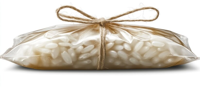 A bag of rice tied with twine.