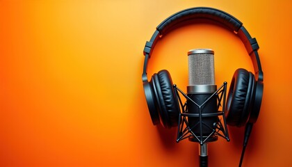 Studio tech equipment sits on vibrant orange backdrop. Headphones, recording microphone positioned for podcasting media production. Modern audio equipment creative design. Pro audio tools isolated