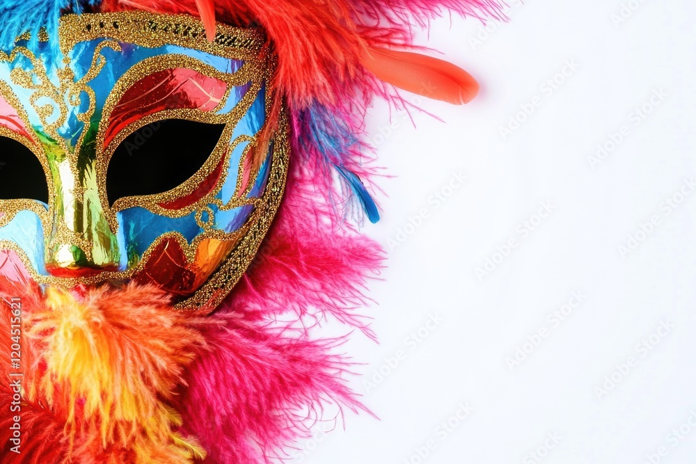 Poster a colorful mask adorned with feathers against a clean white background