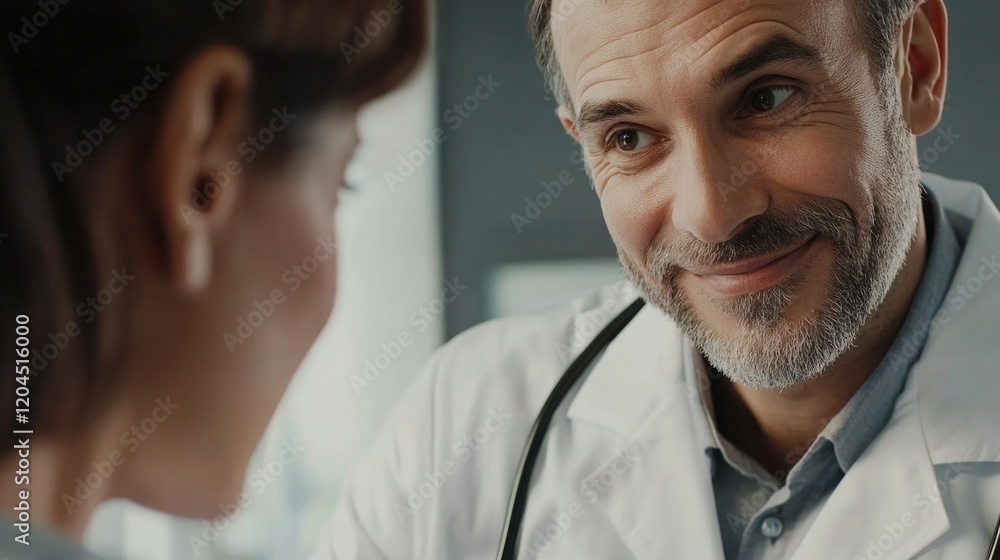 Poster a scientist in a lab coat is having a discussion with a woman, likely a researcher or expert