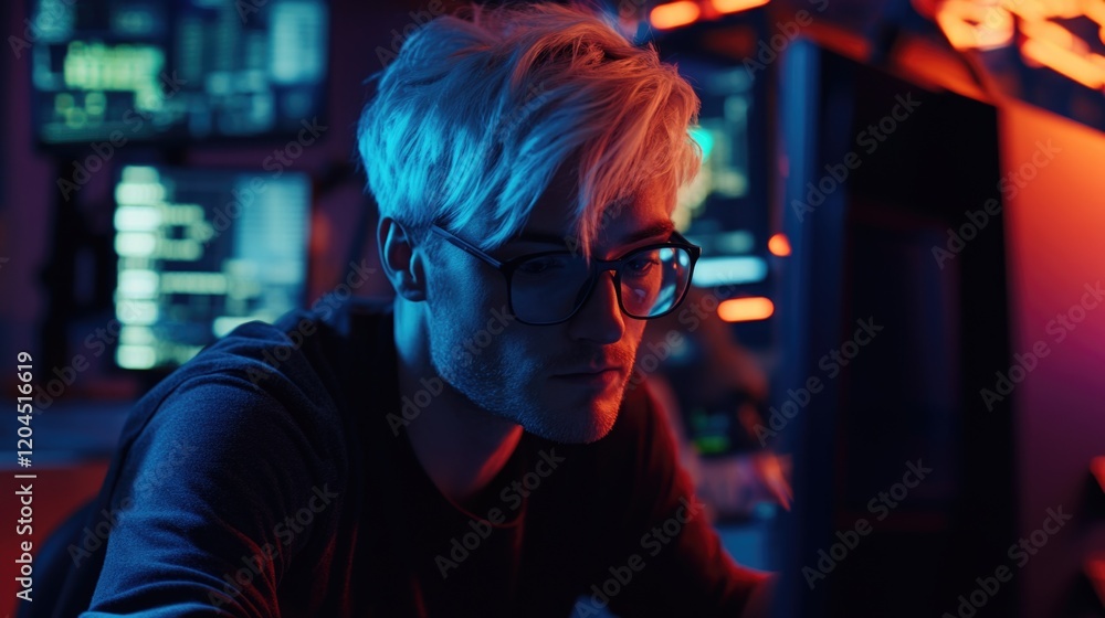Poster A person sits in front of a computer wearing glasses, ideal for illustrating technology and learning concepts