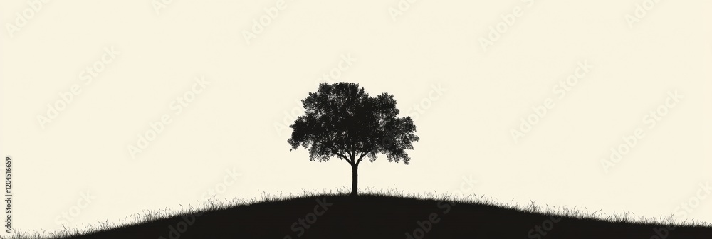 Poster silhouette of a single tree on a gentle hill against a light background during twilight hours. gener