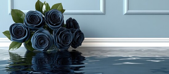 Dark blue roses in a glass vase, reflecting in flooded floor.