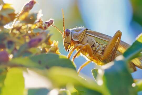 A close-up shot of a grasshopper sitting on a plant, with a simple background - Powered by Adobe