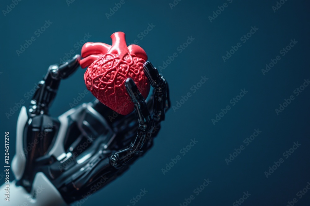 Poster a robotic hand holds a red heart in its palm, symbolizing human-like interaction