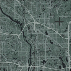 Map of Coon Rapids in Minnesota in a smooth dark style. Contains layered vector with roads water, parks, etc.