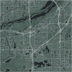Map of Burnsville in Minnesota in a smooth dark style. Contains layered vector with roads water, parks, etc.