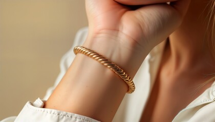 Elegant gold bracelet on wrist. Minimalist jewelry style. Woman wearing accessory. Fashionable wristlet. Gold jewelry. Perfect for fashion, accessories, style concepts. Simple, dainty design. Classic