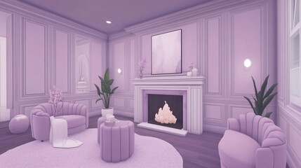 Lavender Living Room Interior Design with Fireplace and Art Deco Armchairs