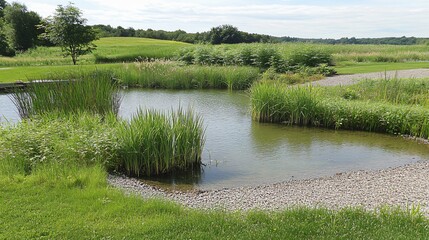 Serene Pond Landscape with Lush Green Grasses and Reeds