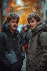 Fototapeta premium Two men standing together on a urban street, perfect for group or friendship concepts