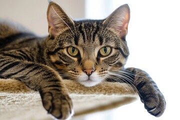 Obraz premium A domestic cat lounging on top of a cat tree