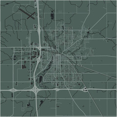 Map of Owatonna in Minnesota in a smooth dark style. Contains layered vector with roads water, parks, etc.