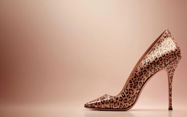 Fashionable high heel with a bold animal print texture placed on a soft neutral gradient