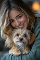 A woman cradles a small dog in her arms, conveying tenderness and care
