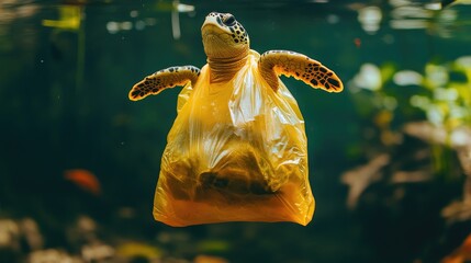 Sea turtle entangled in plastic bag underwater.