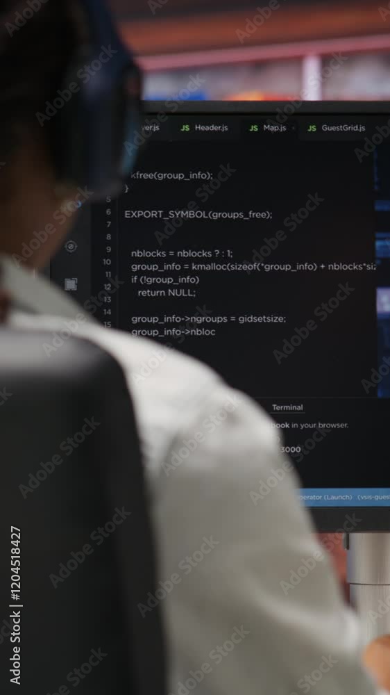 Fototapete vertical video it engineer drinking coffee, using computer at home for artificial intelligence compu
