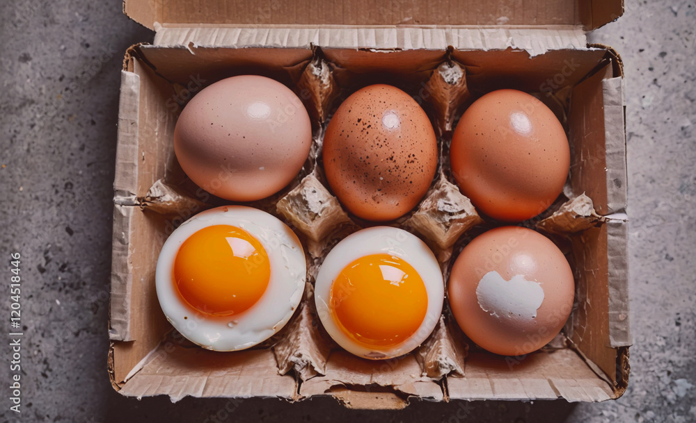 Poster carton of eggs with one of them cracked open. the carton is open to show the eggs inside