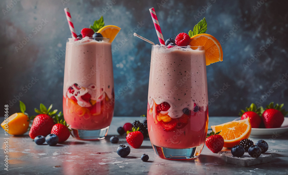 Poster two glasses of strawberry smoothies with a straw in each. the glasses are on a table with a blue bac