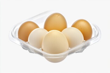 Fresh eggs in a clean plastic container on a white background, perfect for food photography or illustrations