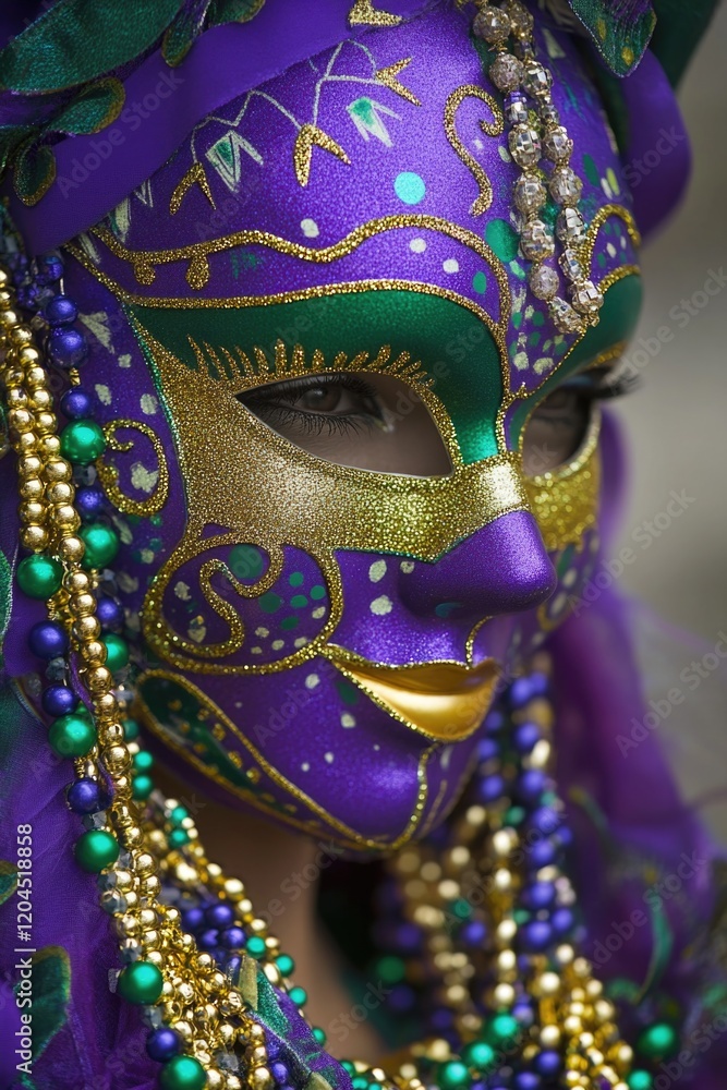 Poster a close-up of a person with a distinctive purple mask, suitable for use in costumes or masks-related