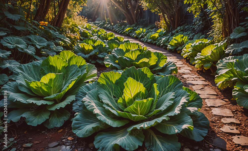 Poster path is lined with large green cabbage plants. the path is surrounded by a forest of green plants