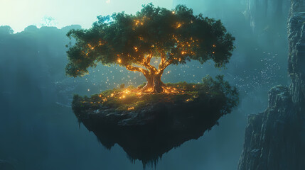 An enchanting tree with radiant branches on a serene floating island, fantasy, tranquil. Enchanted Island. Illustration