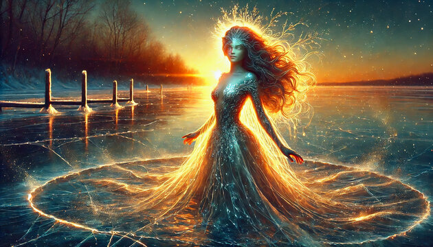 Lady of the Frozen Lake
Eine faszinierende Darstellung einer mystischen Figur, &bdquo;Die Dame des Gefrorenen Sees&ldquo;, die anmutig auf der glitzernden Oberfl&auml;che eines gefrorenen Sees im Sonnenuntergang steht
