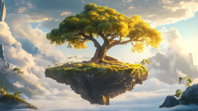 An enchanting tree with radiant branches on a serene floating island, fantasy, tranquil. Enchanted Island. Illustration