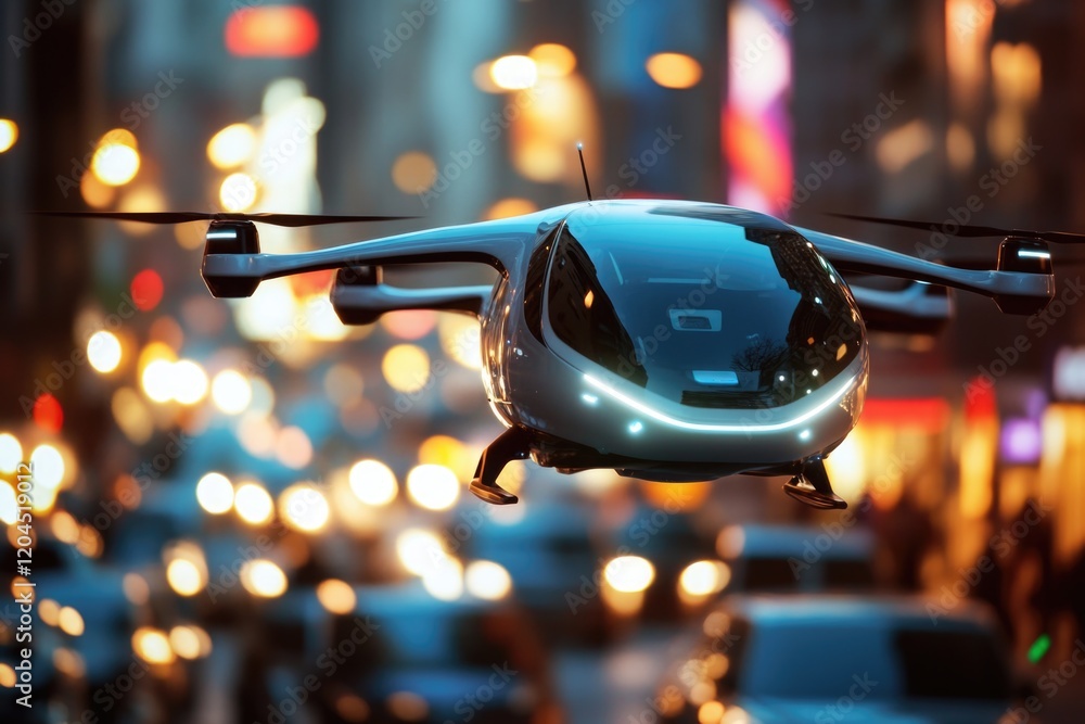 Poster a futuristic flying vehicle hovering above a bustling city, ideal for use in sci-fi illustrations or