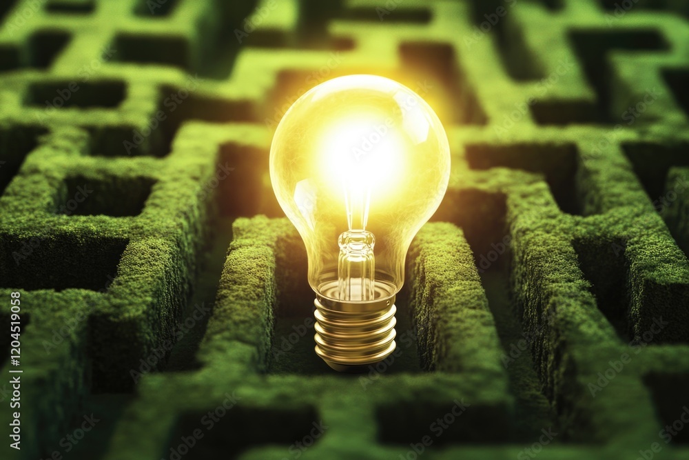 Poster a single light bulb shines in the center of a complex maze, surrounded by walls and darkness